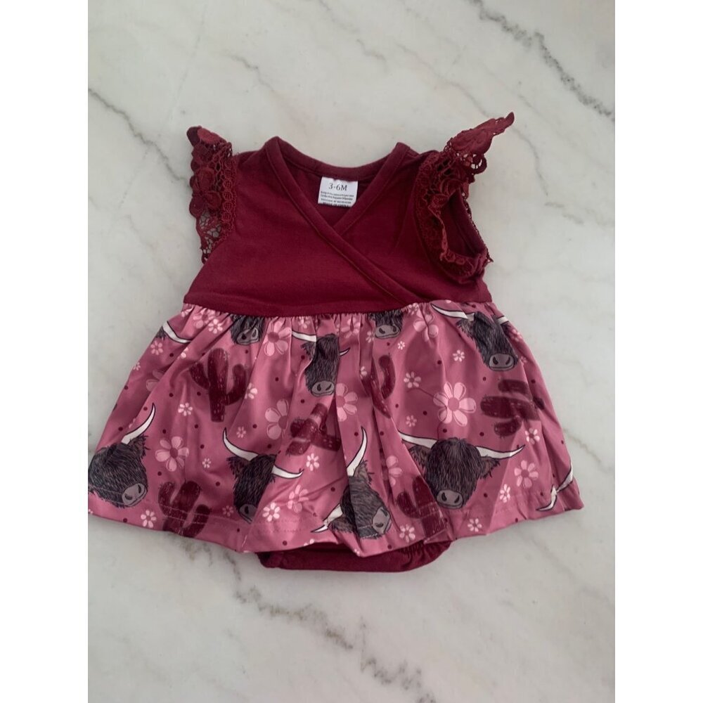 Baby Girl Burgundy Lace Ruffle Bodysuit With Highland Cow Print Skirt 3/6M